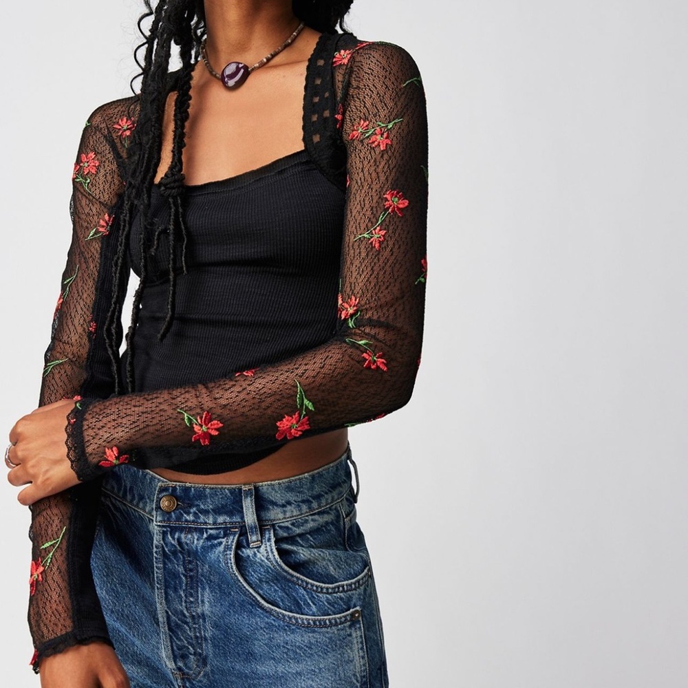 Free People Jolie Top black combo lace with red flower stitching NWT size Small
